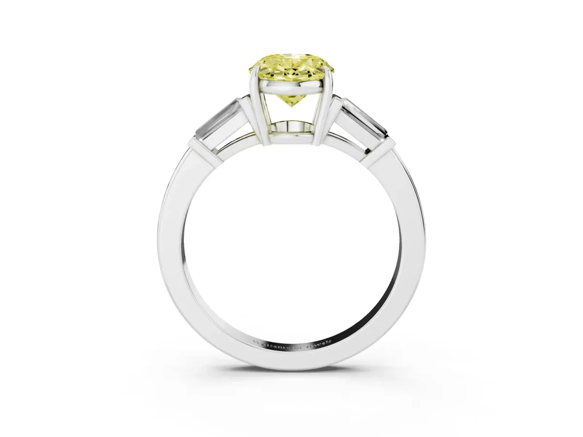 Fancy Yellow Oval Cut Diamond Three-Stone Ring with Tapered Baguette Side Stones and Prong Setting Silver