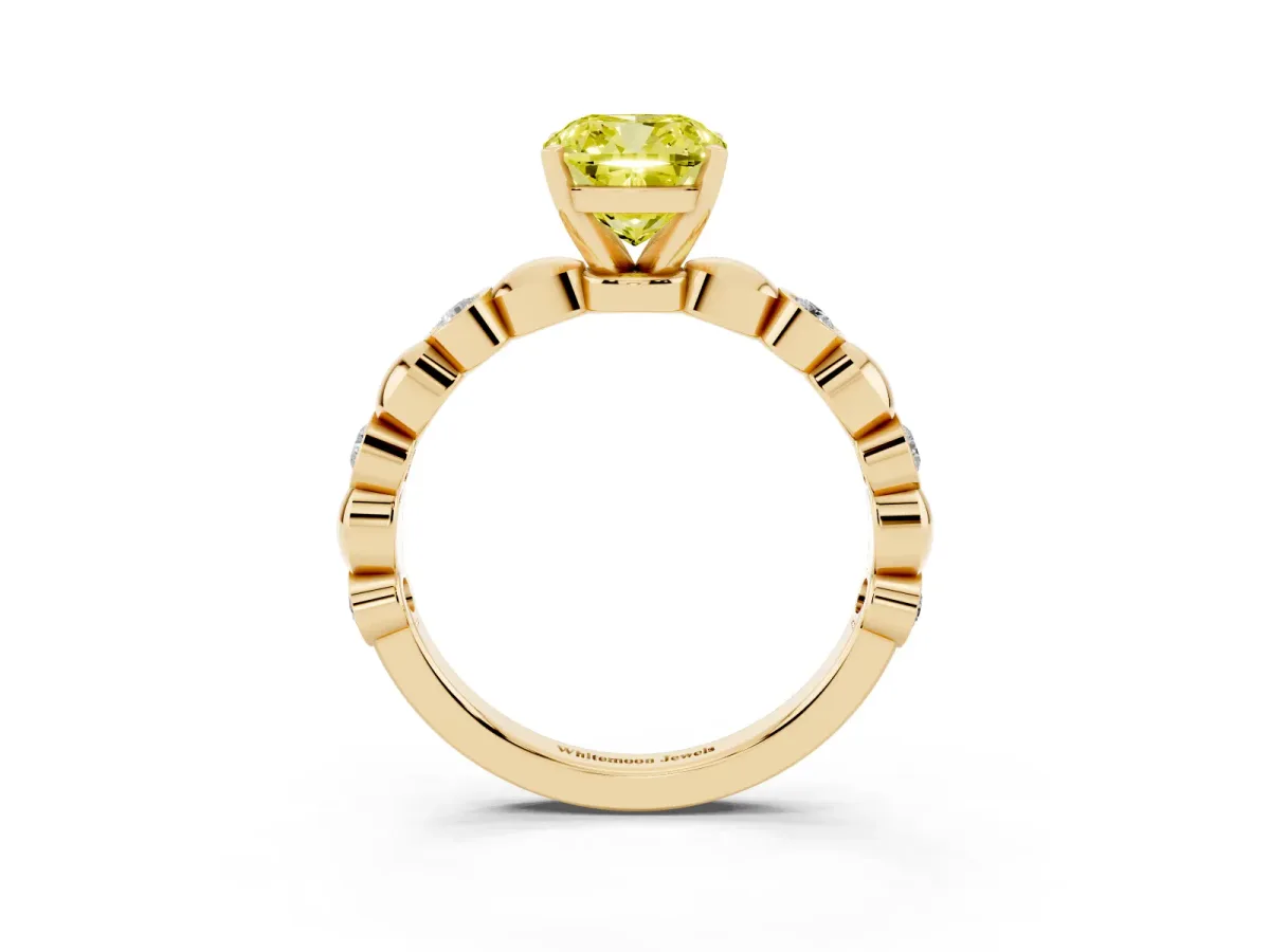 Fancy Yellow Cushion Cut Solitaire Bezel-Set Diamond Ring with Beaded Band and Four-Prong Setting Yellow gold