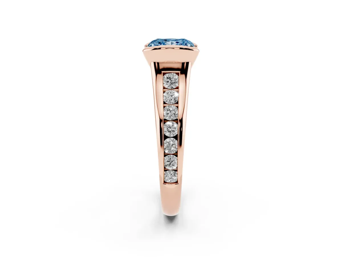 Fancy Blue Princess Cut Solitaire Bezel-Set Diamond Ring with Channel-Set Band Rose gold