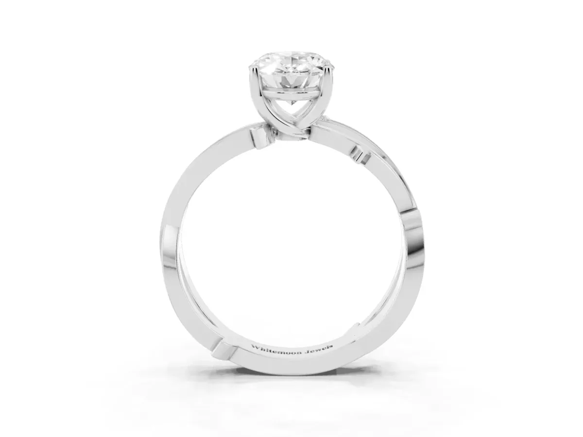 Oval Cut Solitaire Twist Band with Pavé Accents and Four-Prong Setting Silver