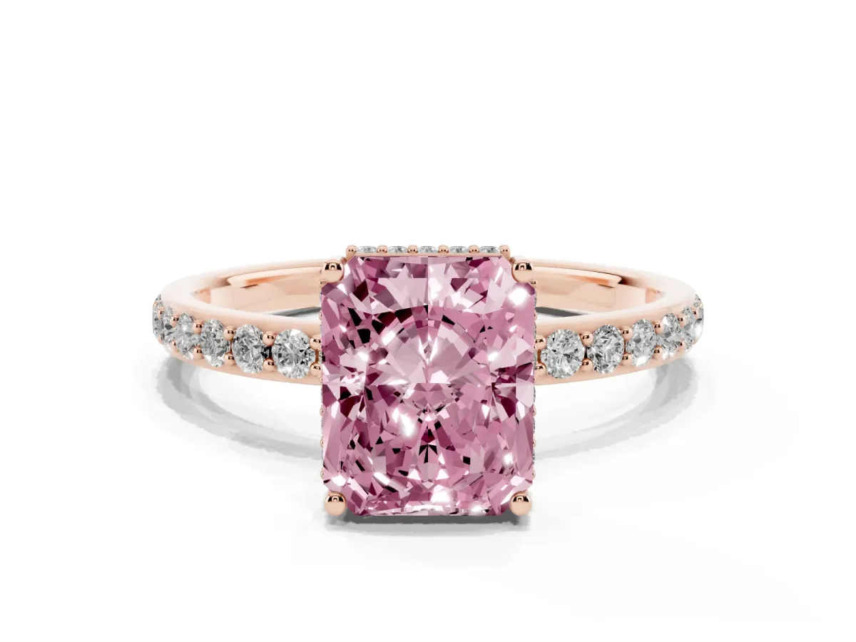 Fancy Pink Radiant Cut Diamond Solitaire Ring with Pavé Band and Hidden Halo Rose gold