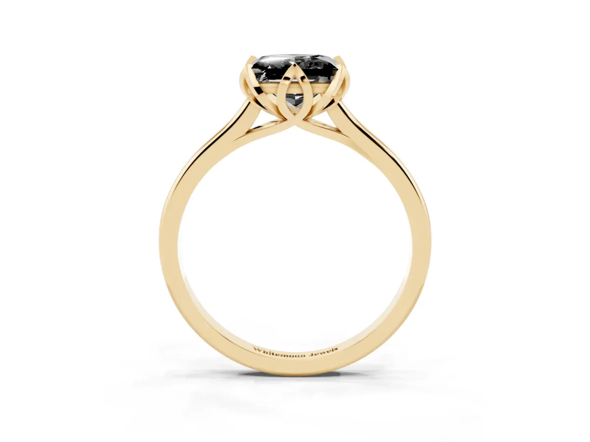 Fancy Black Princess Cut Diamond Solitaire Ring with Flower Prong Setting and Classic Band Yellow gold