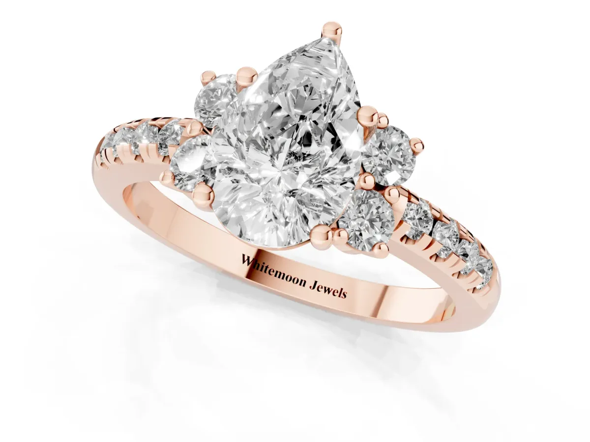 Pear Cut Diamond Three-Stone Pave Band with Four-Prong Setting Rose gold