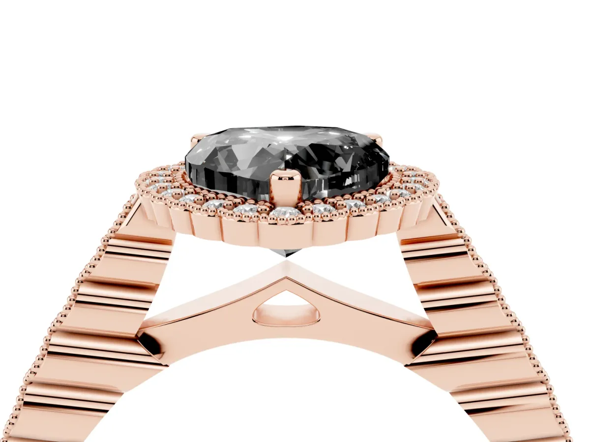 Fancy Black Heart Cut Cut Halo Pavé Solitaire Ring with Milgrain Band Rose gold