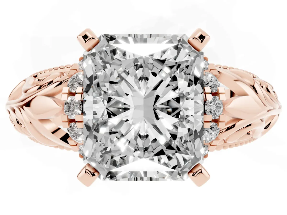 Radiant Cut Solitaire Filigree Engagement Ring with Halo and Prong Setting Rose gold
