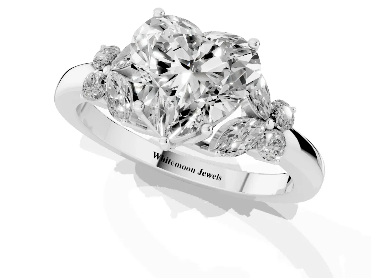 Heart Cut Cut Solitaire Floral Diamond Ring with Four-Prong Setting Platinum