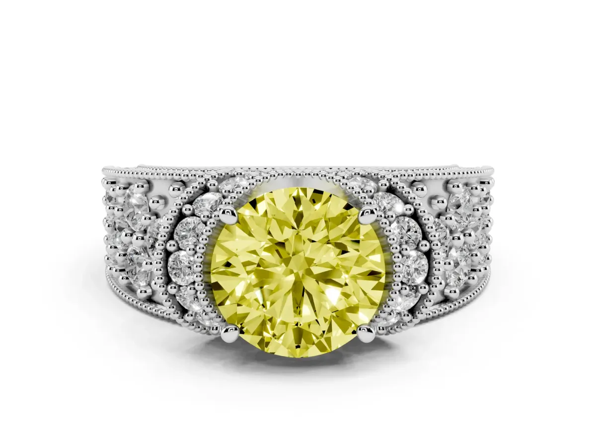 Fancy Yellow Round Cut Halo Pave Diamond Engagement Ring with Milgrain Detailing Silver