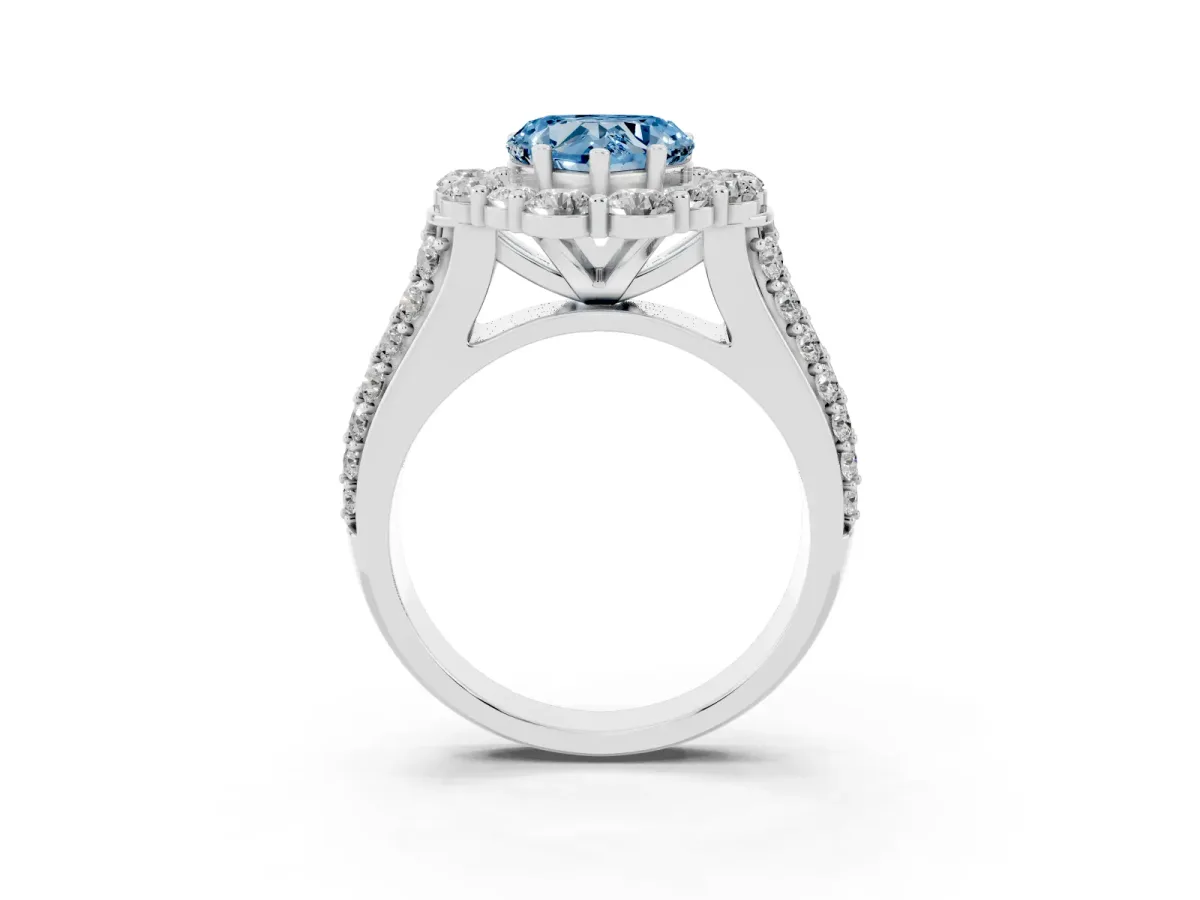 Fancy Blue Heart Cut Halo Diamond Engagement Ring with Split Shank and Prong Setting Silver