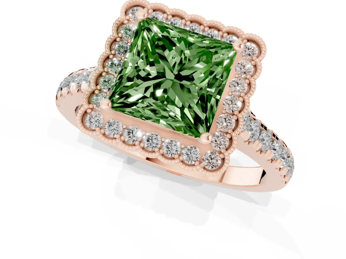 Fancy Green Princess Cut Cut Diamond Milgrain Floral Halo Engagement Ring with Pavé Band Rose gold