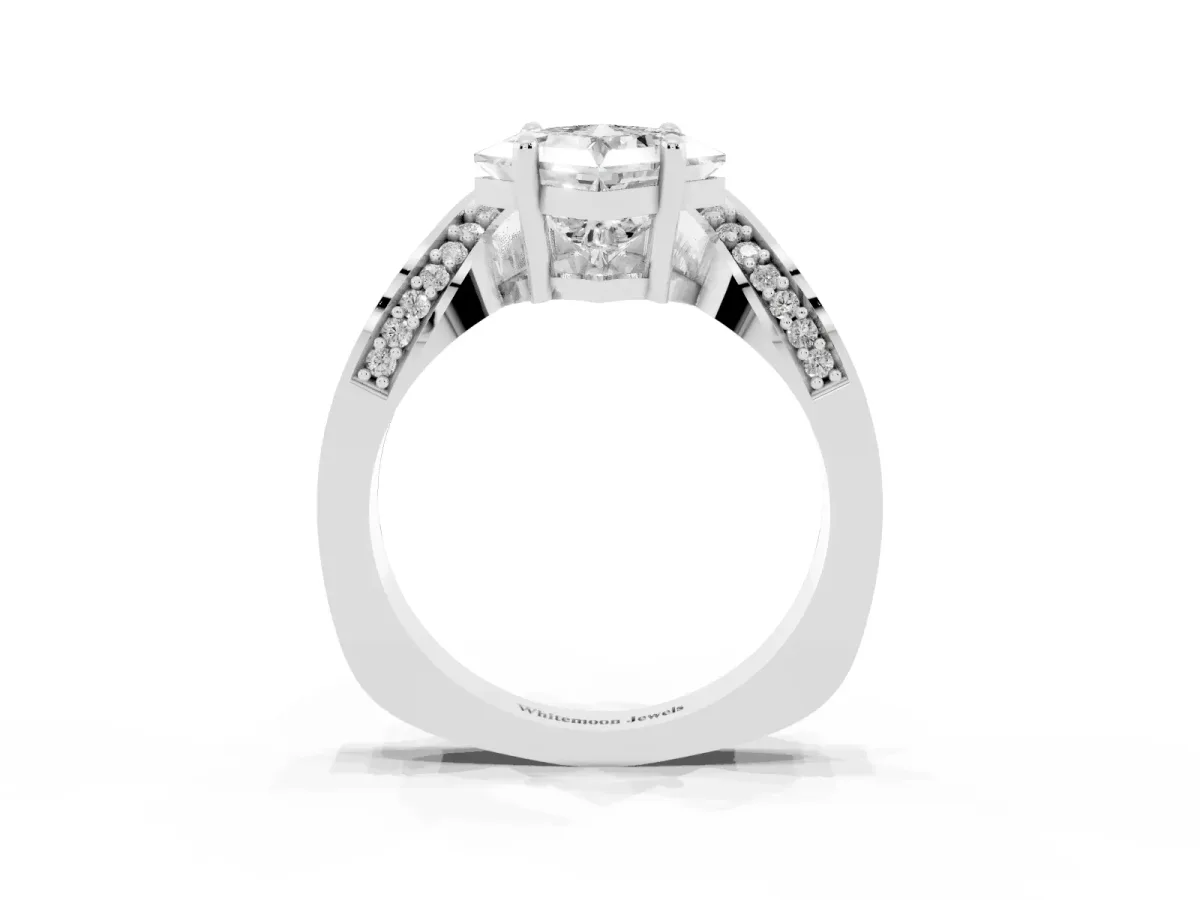 Princess Cut Solitaire Diamond Engagement Ring with Pave Band and Four-Prong Setting Silver