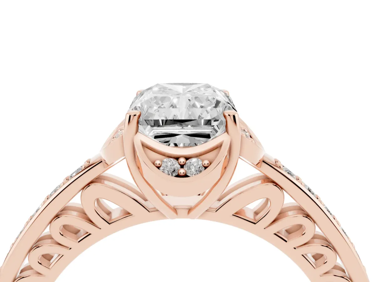 Radiant Cut Cut Halo Diamond Ring with Channel Set Band and Four-Prong Setting Rose gold