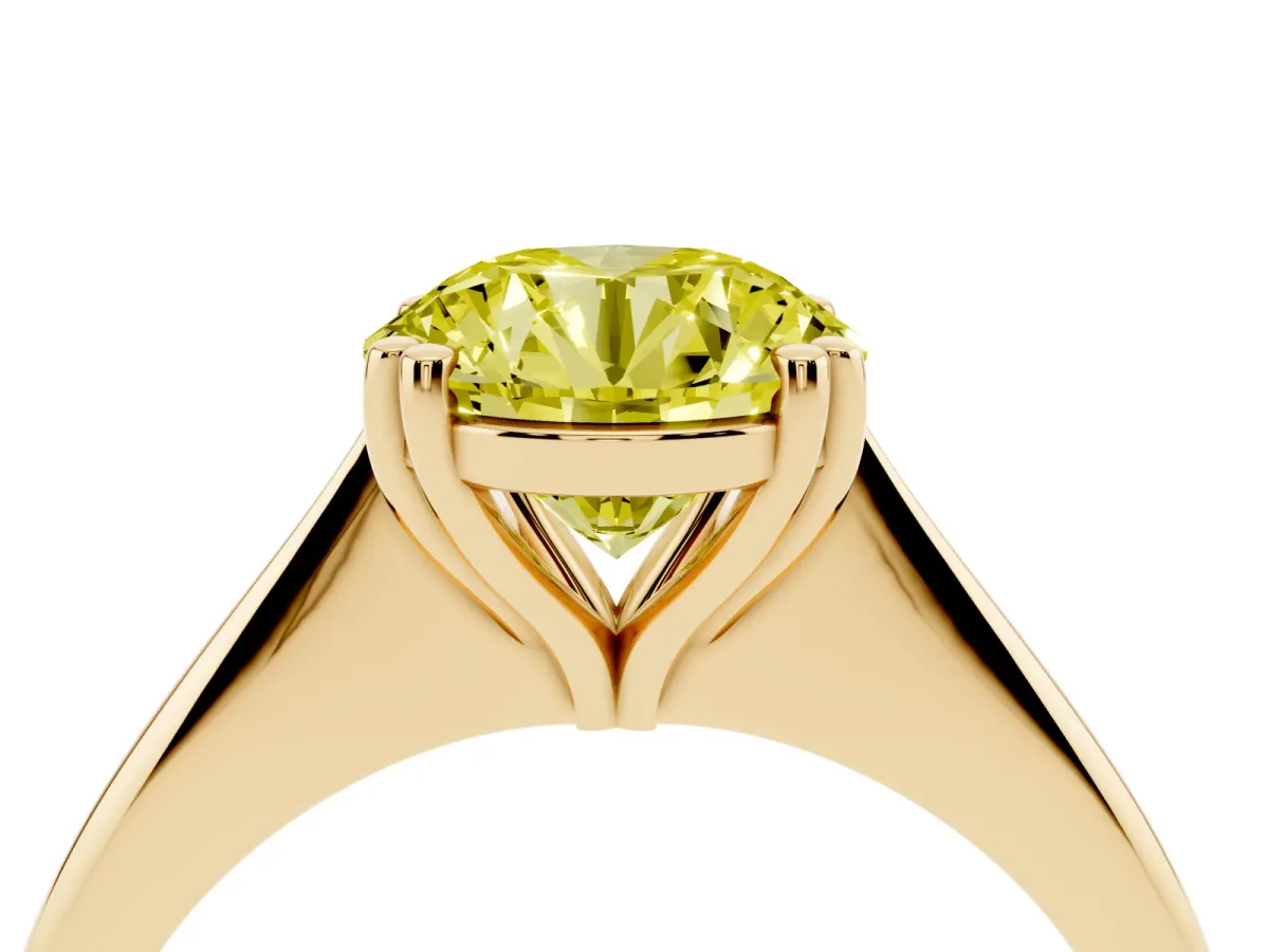 Fancy Yellow Round Cut Solitaire Diamond Ring with Six-Prong Setting and Classic Band Yellow gold