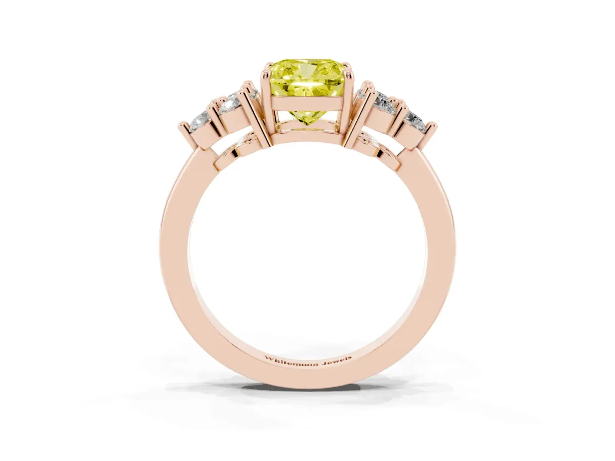 Fancy Yellow Cushion Cut Brilliant Diamond Cluster Accent Solitaire Ring with Prong Setting Rose gold