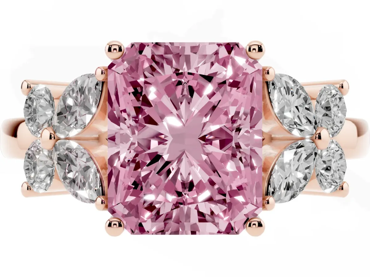 Fancy Pink Radiant Cut Diamond Floral Cluster Ring with Solitaire Band and Prong Setting Rose gold