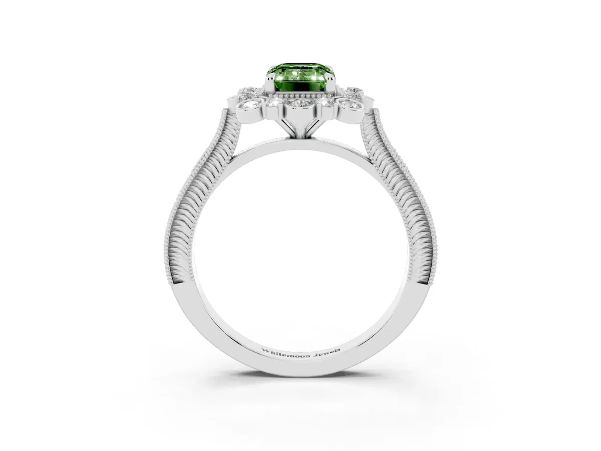 Fancy Green Emerald Cut Halo Milgrain Pave Diamond Ring with Four-Prong Setting Silver