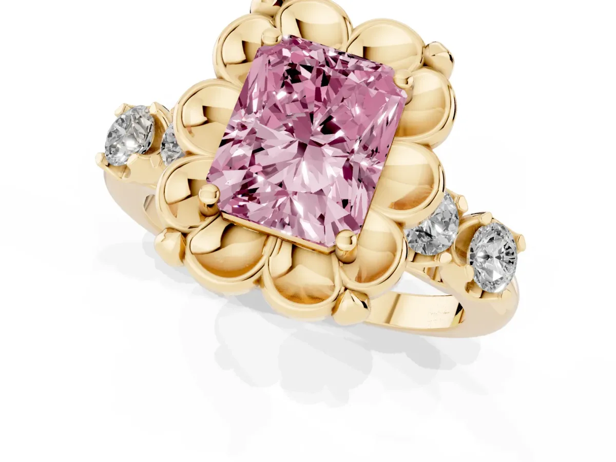 Fancy Pink Radiant Cut Cut Diamond Floral Halo Engagement Ring with Shared Prong Setting Yellow gold
