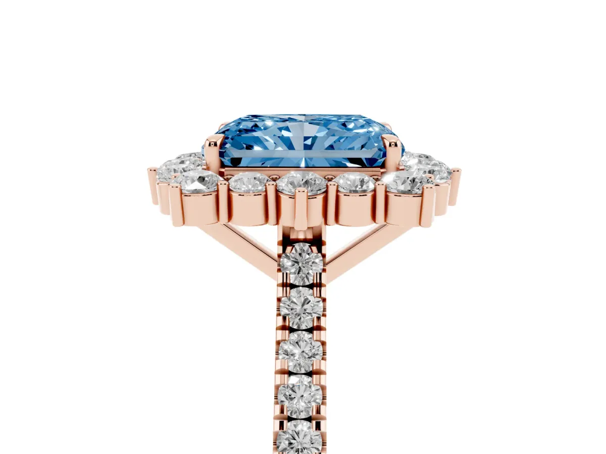 Fancy Blue Radiant Cut Halo Diamond Ring with Pavé Band and Prong Setting Rose gold