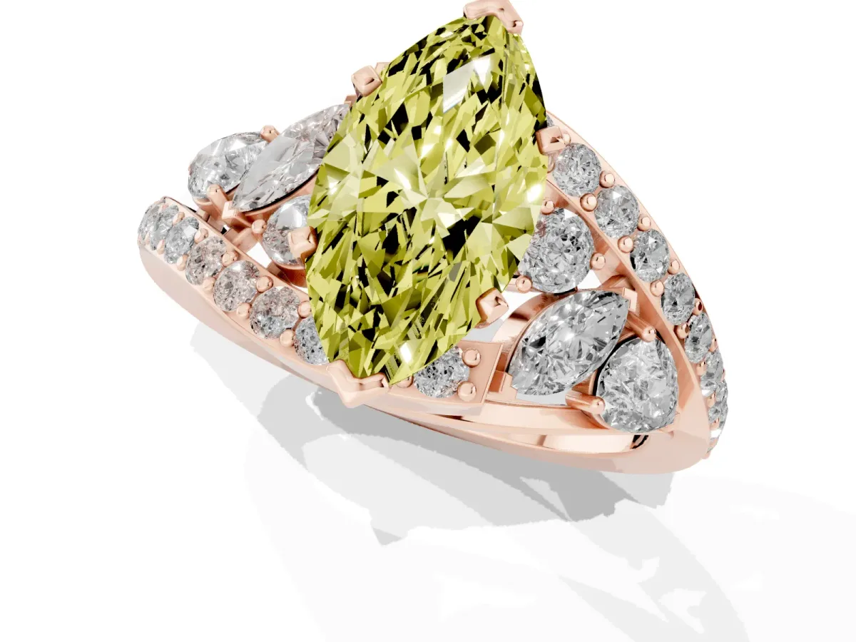 Fancy Yellow Marquise Cut Diamond Halo Ring with Marquise and Pavé Band in Prong Setting Rose gold