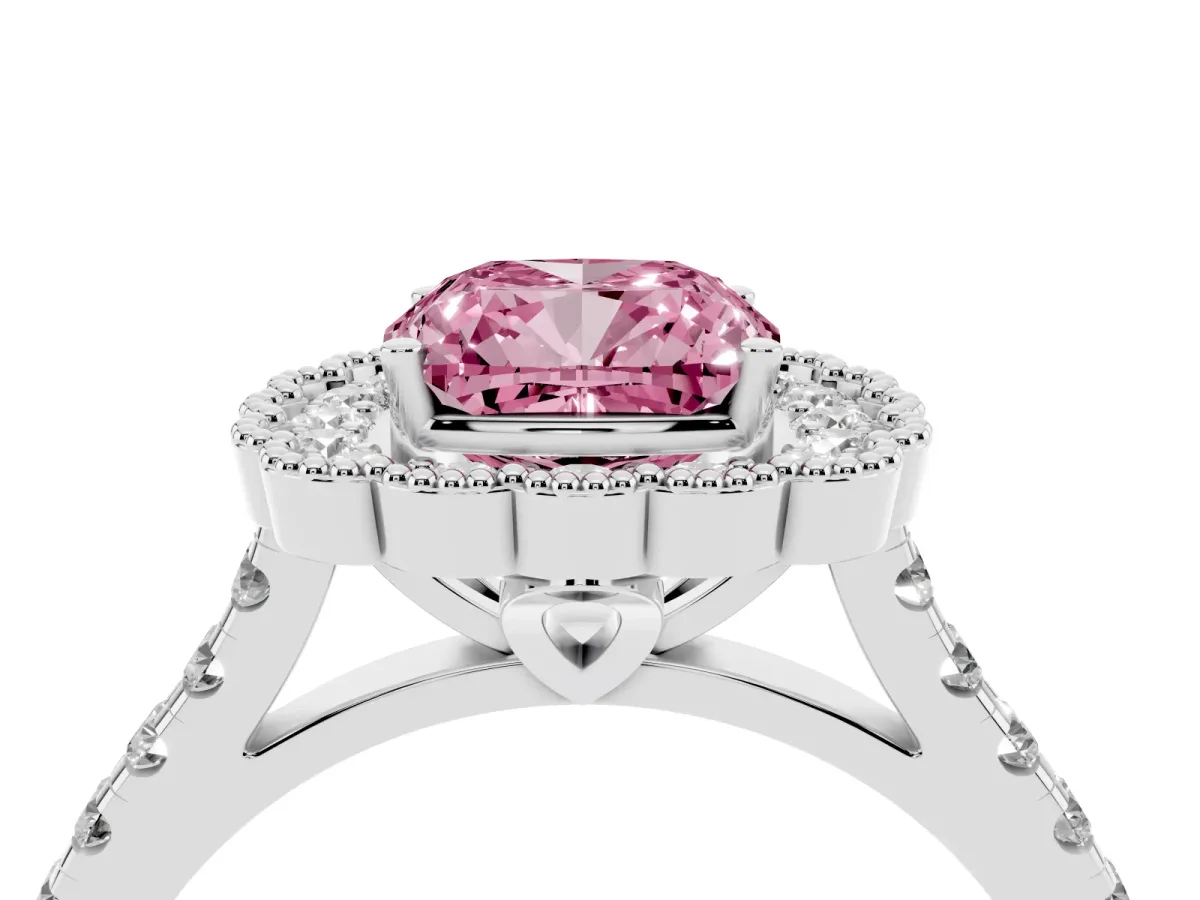 Fancy Pink Cushion Cut Cut Diamond Milgrain Floral Halo Engagement Ring with Pavé Band White gold