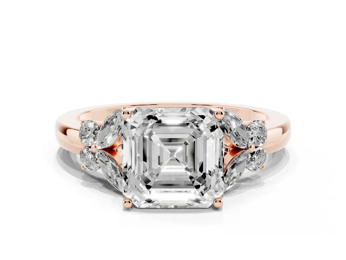 Asscher Cut Cut Solitaire Floral Diamond Ring with Four-Prong Setting Rose gold