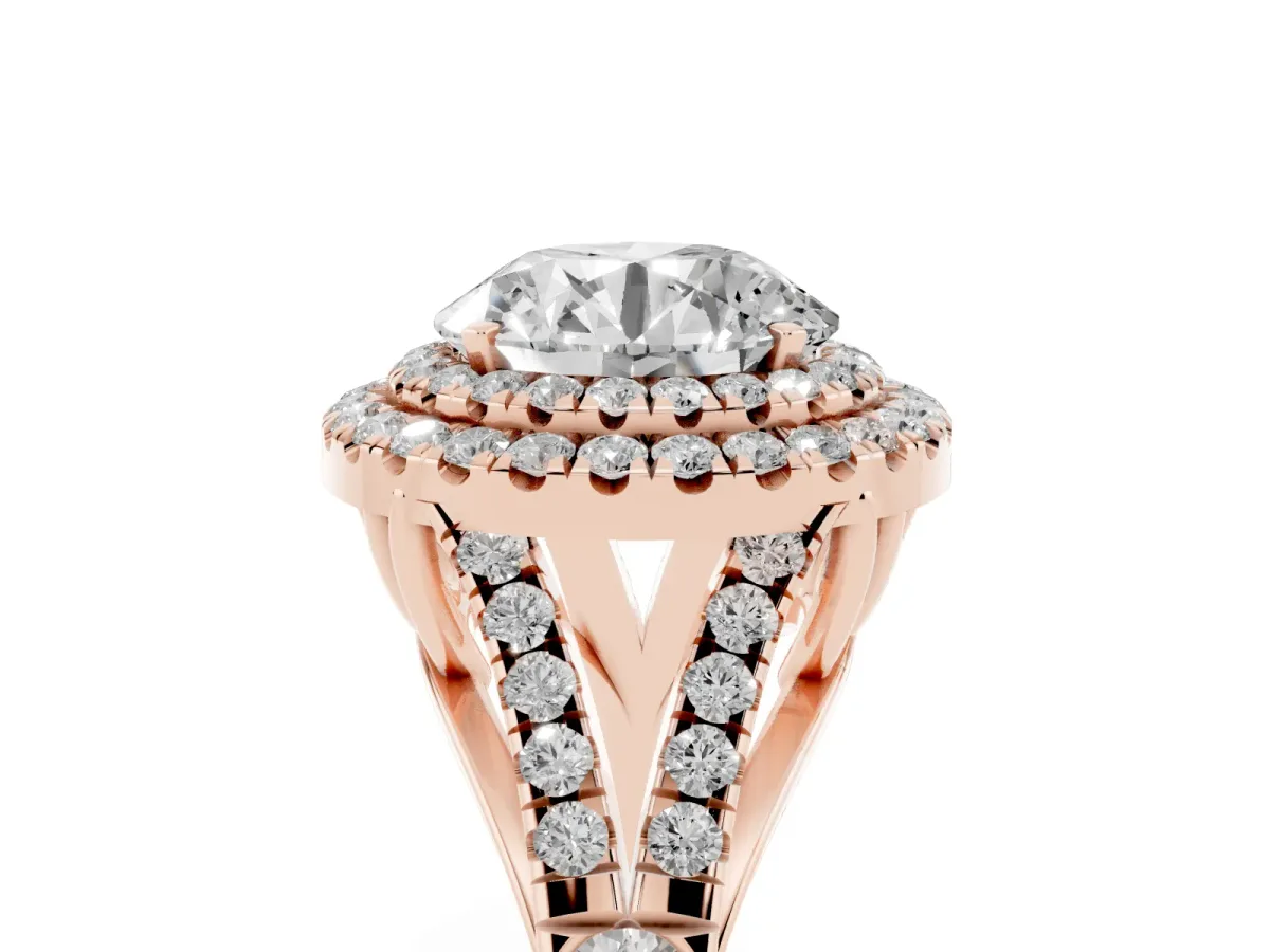 Round Cut Cut Double Halo Split Shank Diamond Ring with Prong Setting Rose gold