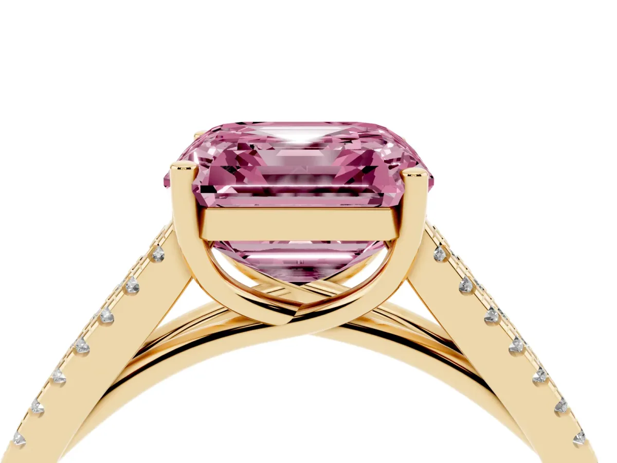 Fancy Pink Asscher Cut Diamond Solitaire Engagement Ring with Split Shank Pavé Band Yellow gold