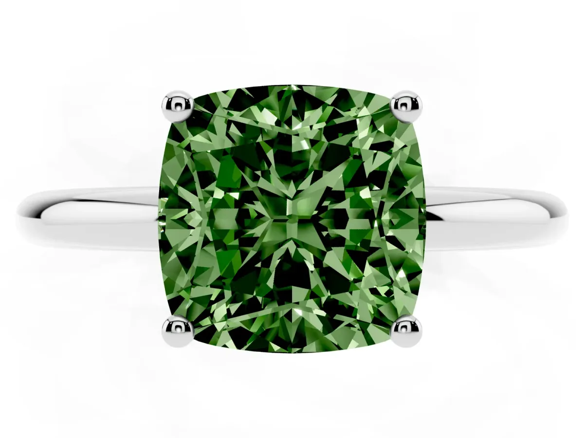 Fancy Green Cushion Cut Cut Solitaire Engagement Ring with Four-Prong Setting and Classic Band Silver