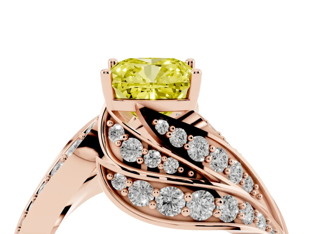 Fancy Yellow Cushion Cut Diamond Solitaire Ring with Prong Setting and Twisted Pavé Band Rose gold