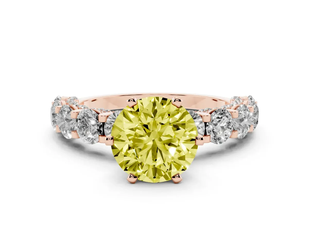 Fancy Yellow Round Cut Diamond Side Stone Engagement Ring with Four-Prong Setting Rose gold