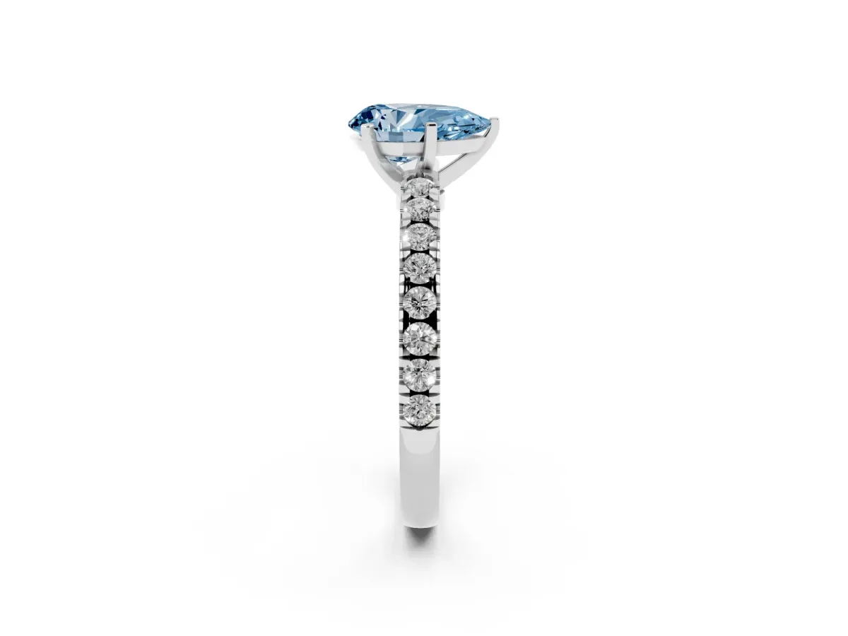 Fancy Blue Pear Cut Solitaire Diamond with Pavé Band and Four-Prong Setting Silver