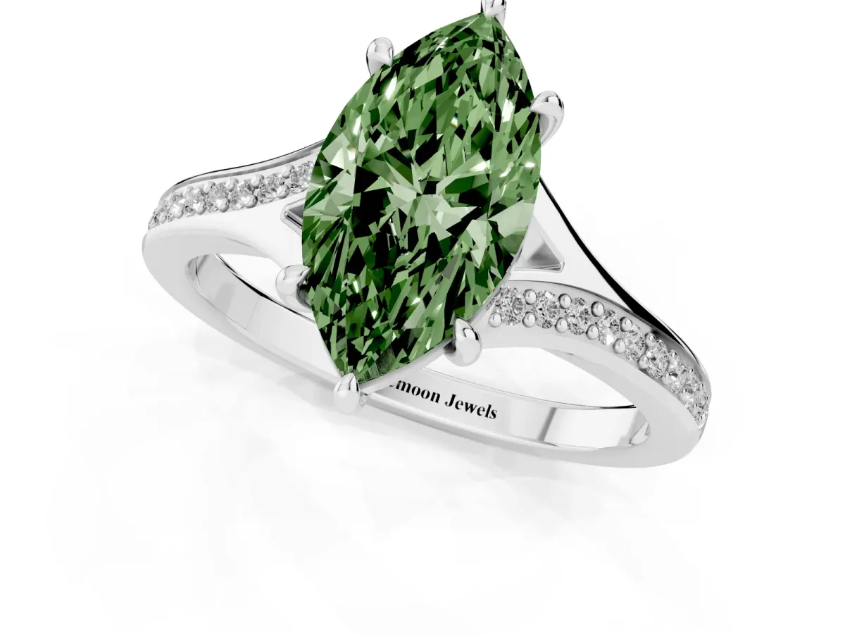 Fancy Green Marquise Cut Diamond Solitaire Ring with Pavé Band and Prong Setting Silver