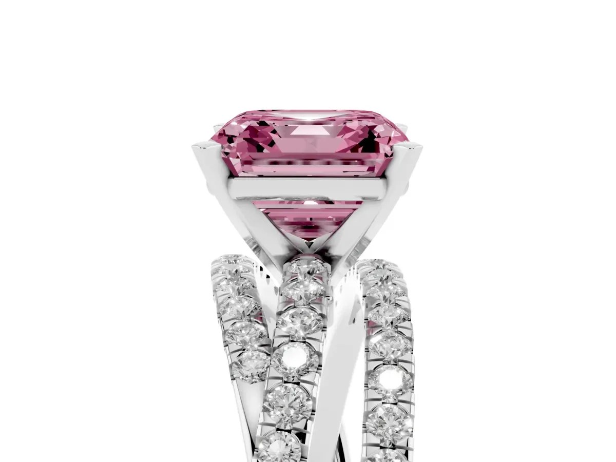 Fancy Pink Asscher Cut Solitaire Twist Band with Pavé Setting and Four-Prong Setting Silver