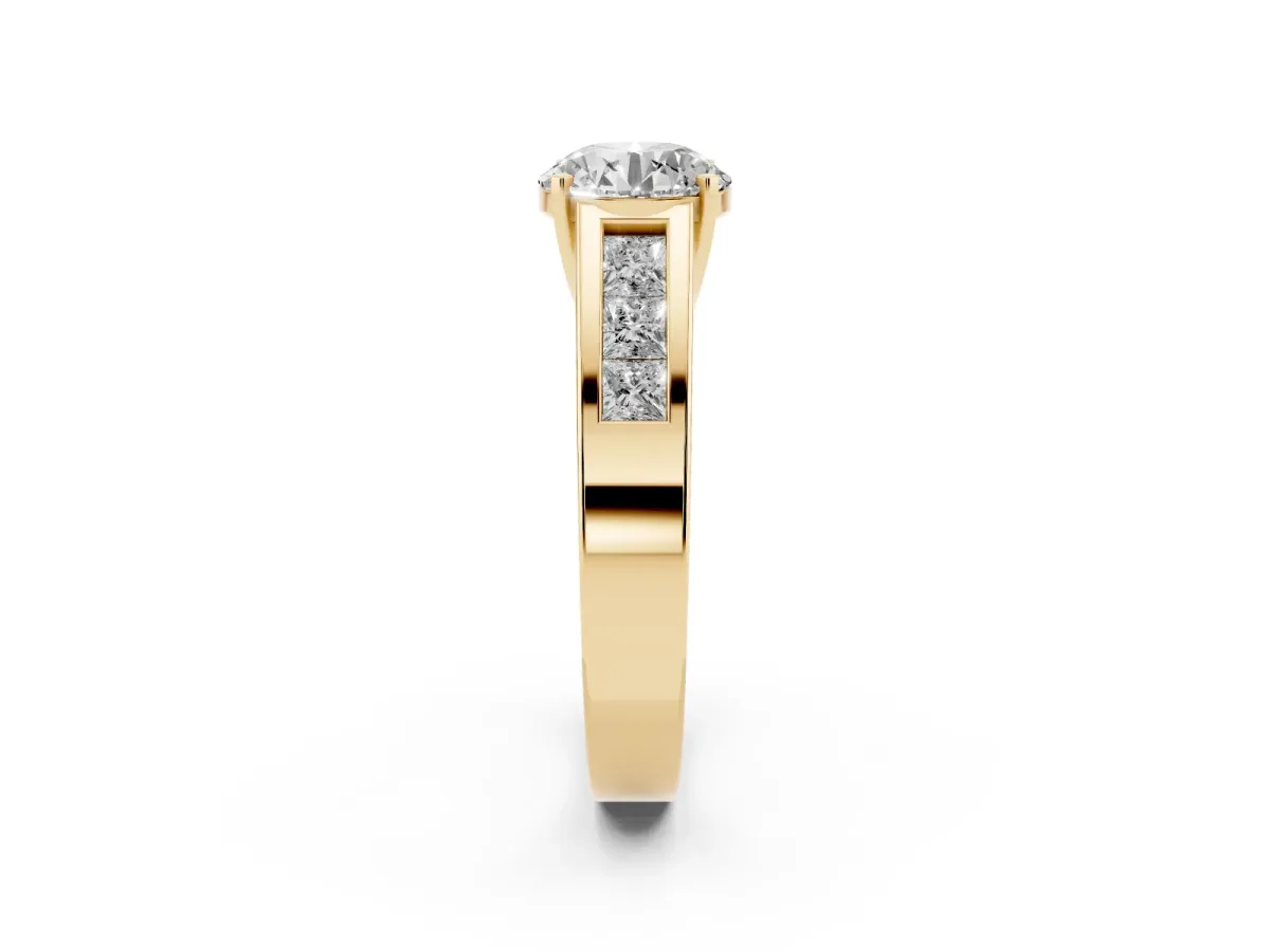 Round Cut Cut Channel Set Solitaire Ring with Four-Prong Setting Yellow gold