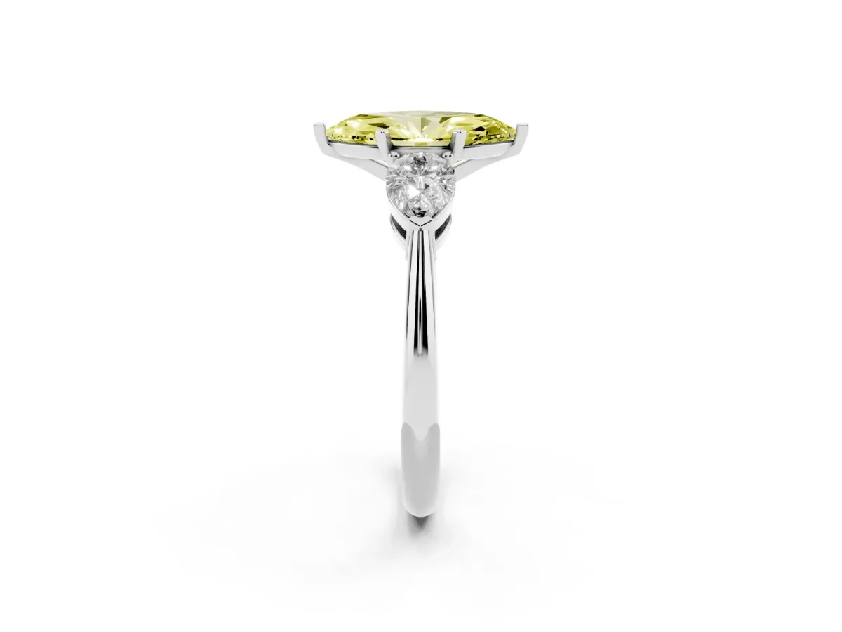 Fancy Yellow Three-Stone Marquise Cut Diamond Ring with Pear Side Stones and Four-Prong Setting Platinum