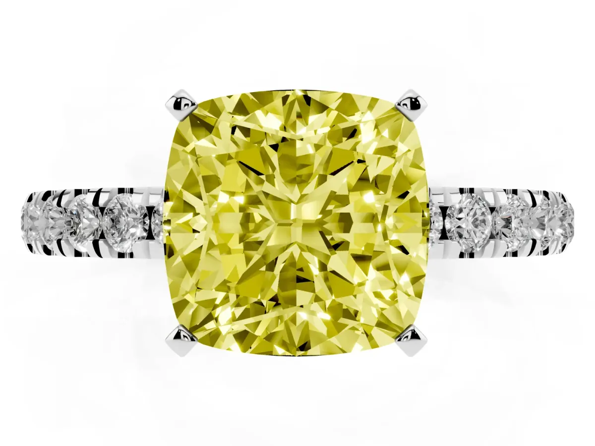 Fancy Yellow Cushion Cut Diamond Solitaire Ring with Pavé Accents and Four-Prong Setting Silver