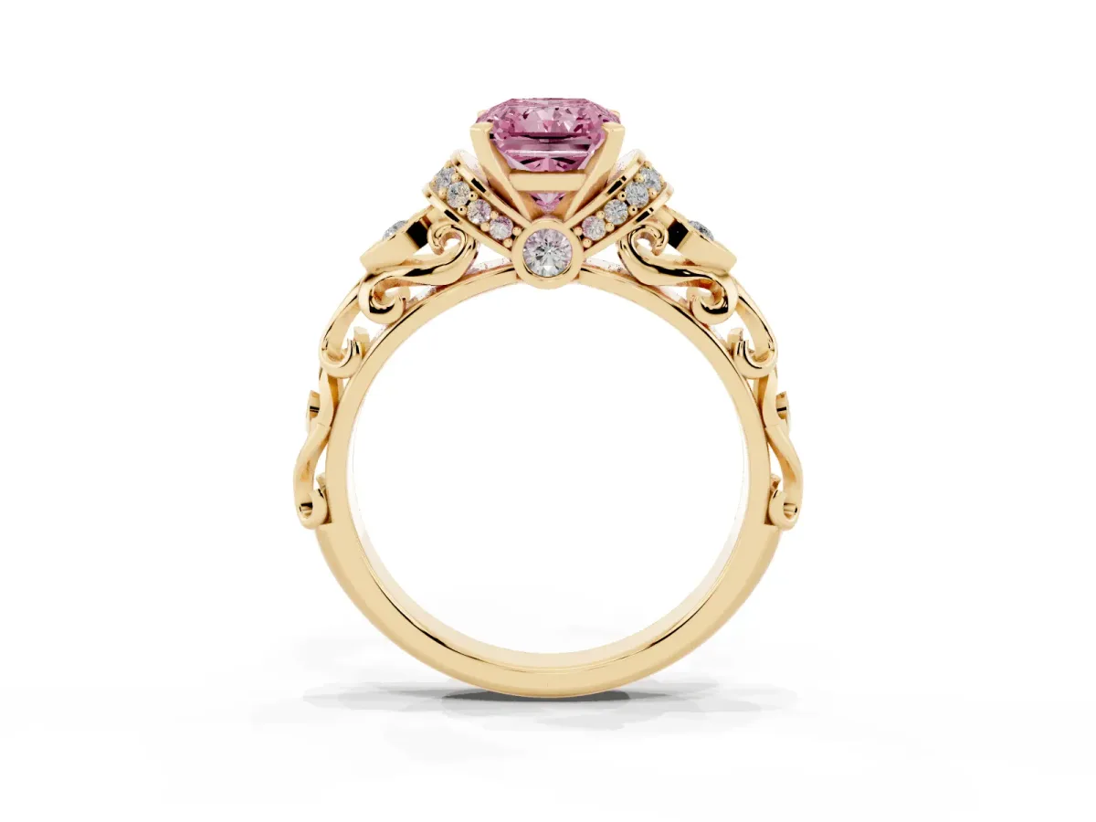 Fancy Pink Radiant Cut Diamond Solitaire Ring with Filigree Band and Four-Prong Setting Yellow gold