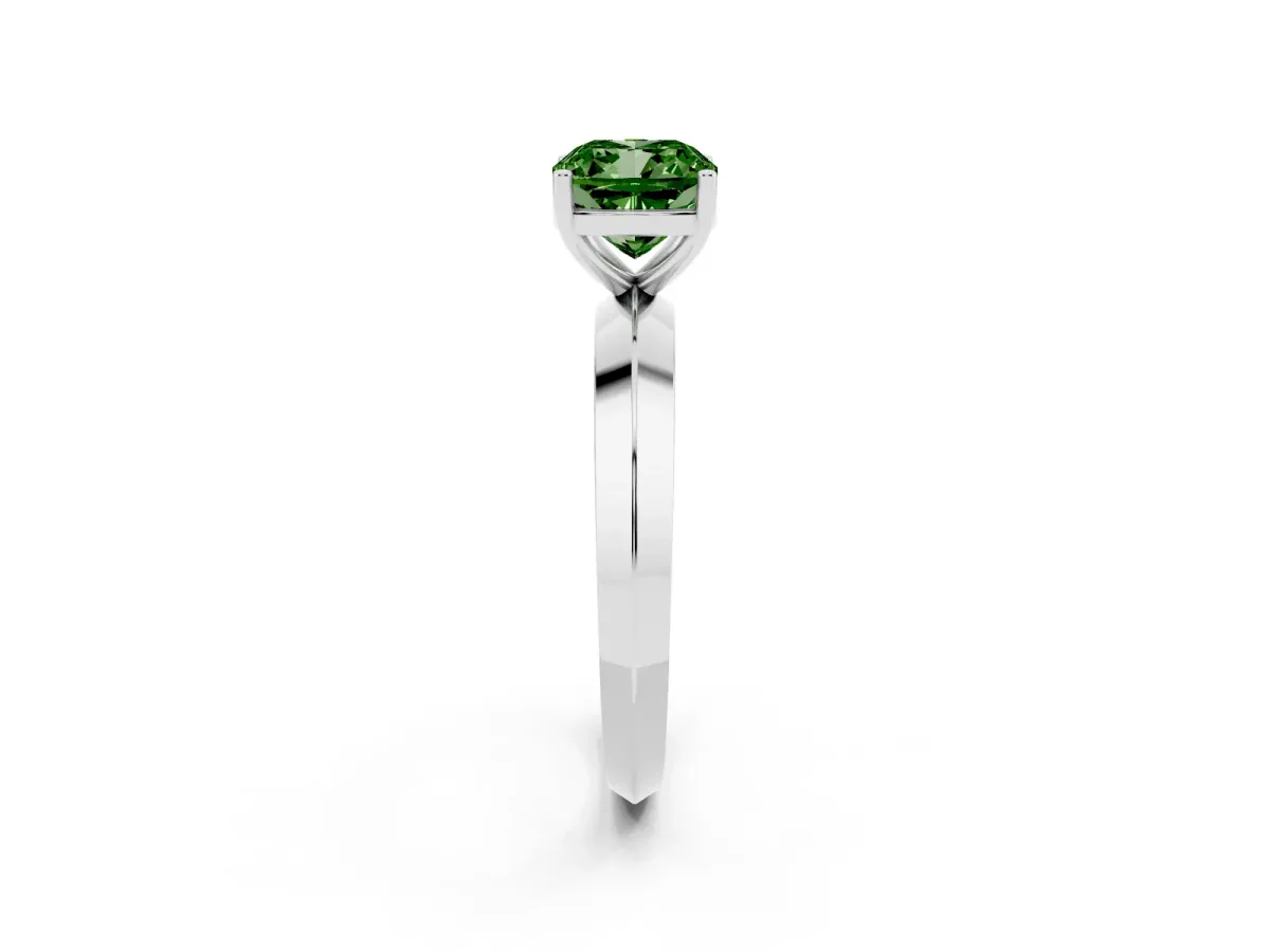 Fancy Green Cushion Cut Cut Solitaire Engagement Ring with Flat Band and Four-Prong Setting Silver