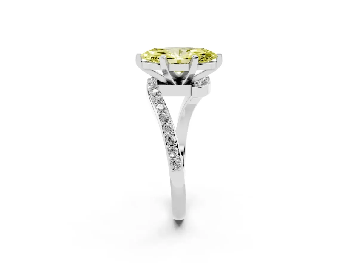 Fancy Yellow Marquise Cut Solitaire Twist Band with Pave Set Diamonds and Four-Prong Setting White gold
