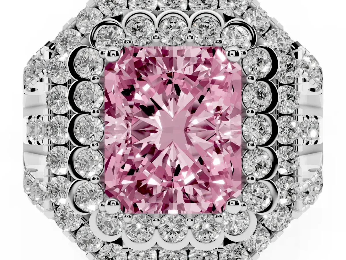 Fancy Pink Radiant Cut Diamond Double Halo Ring with Round Pavé Split Shank and Prong Setting Silver
