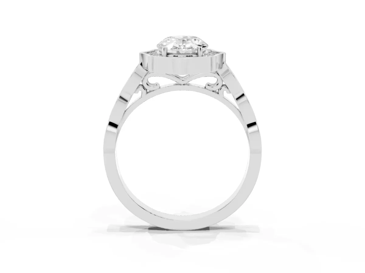 Oval Cut Halo Diamond Engagement Ring with Milgrain Band and Four-Prong Setting Silver