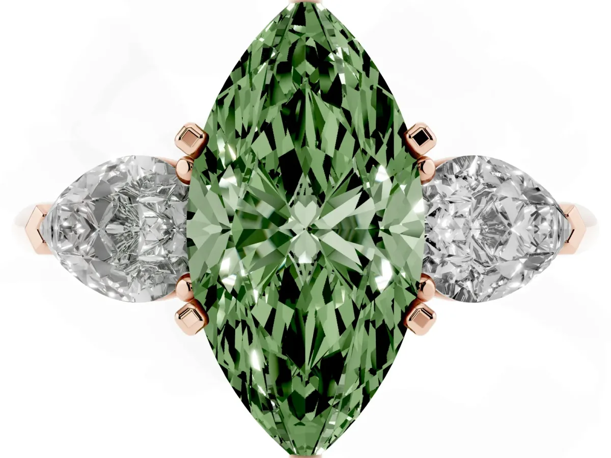 Fancy Green Three-Stone Marquise Cut Diamond Ring with Pear Side Stones and Four-Prong Setting Rose gold