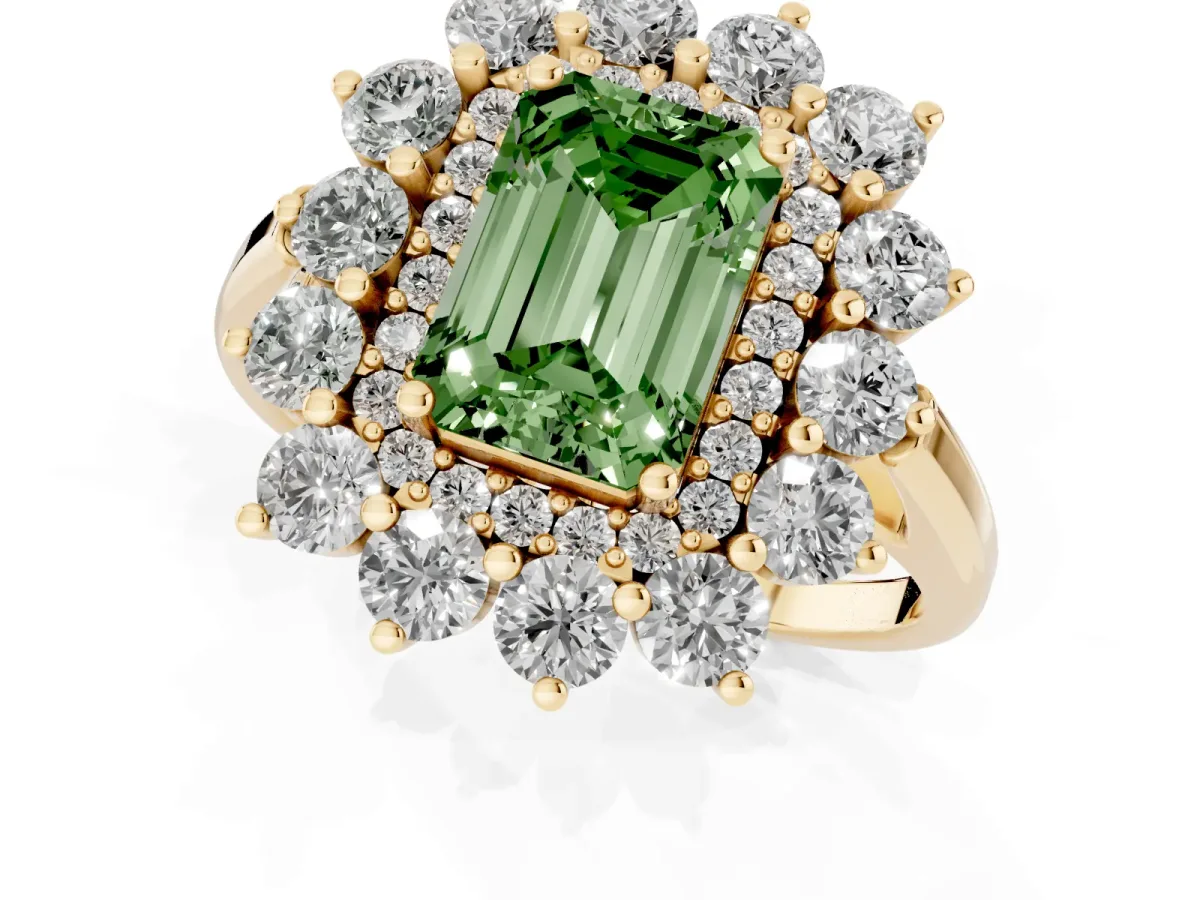 Fancy Green Emerald Cut Diamond Floral Double Halo Engagement Ring with Prong Setting Yellow gold