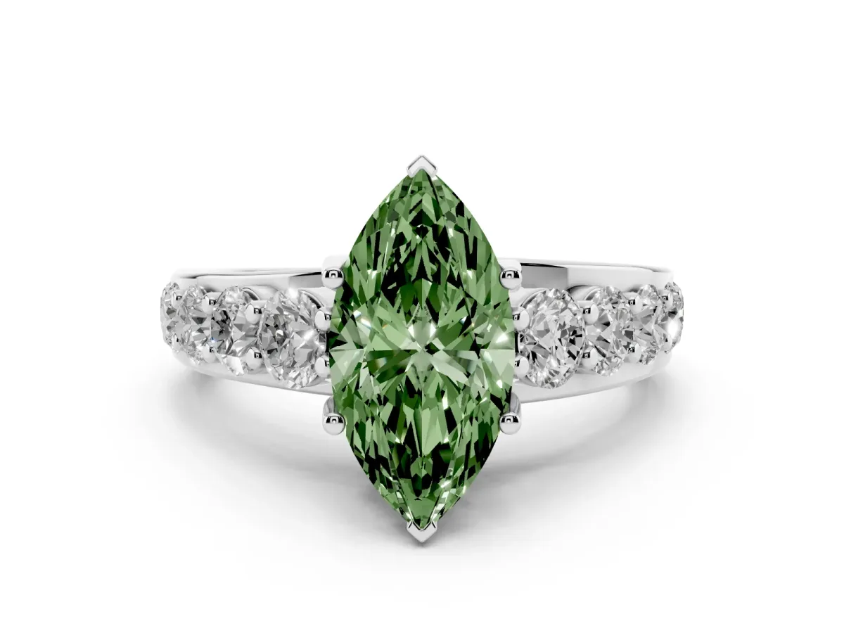 Fancy Green Marquise Cut Diamond Engagement Ring with Pavé Band and Four-Prong Setting Silver