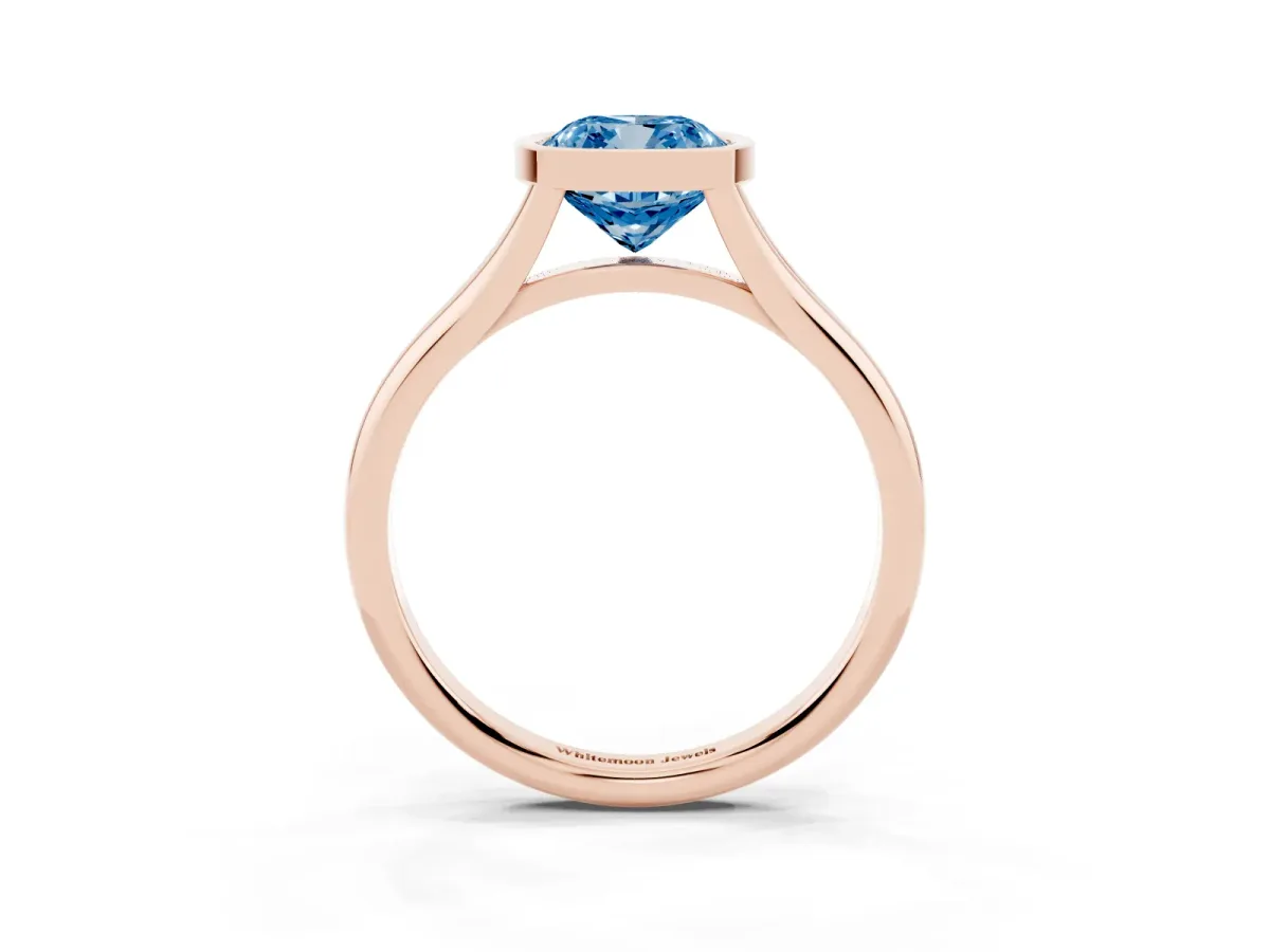 Fancy Blue Bezel Set Cushion Cut Cut Solitaire Ring with Tapered Band Rose gold