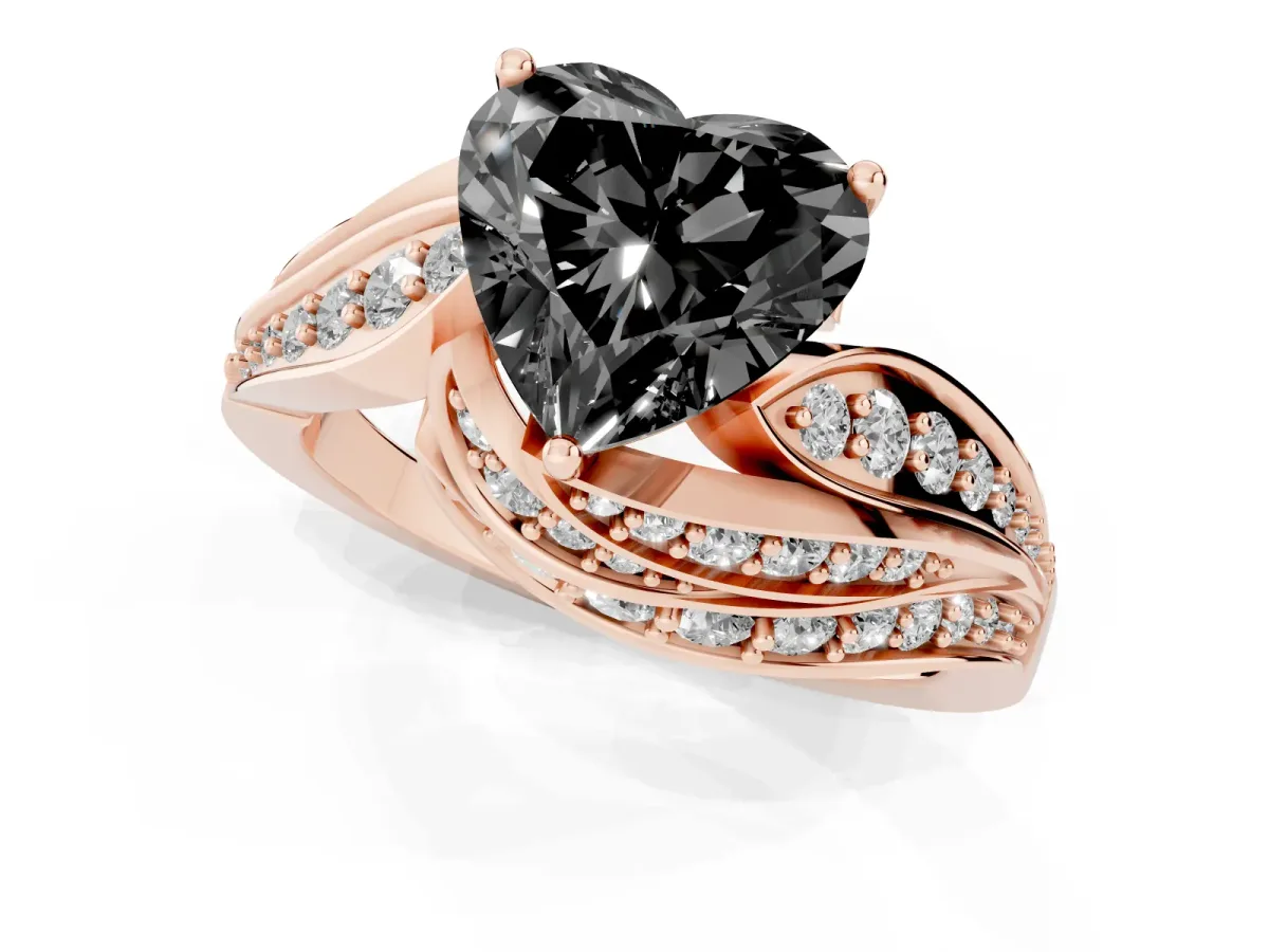 Fancy Black Heart Cut Diamond Solitaire Ring with Prong Setting and Twisted Pavé Band Rose gold