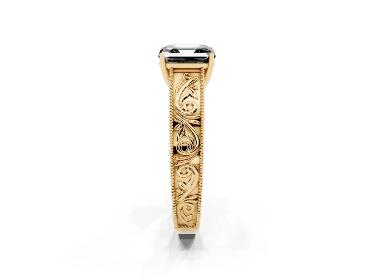 Fancy Black Asscher Cut Diamond Solitaire Ring with Engraved Band and Four-Prong Setting Yellow gold