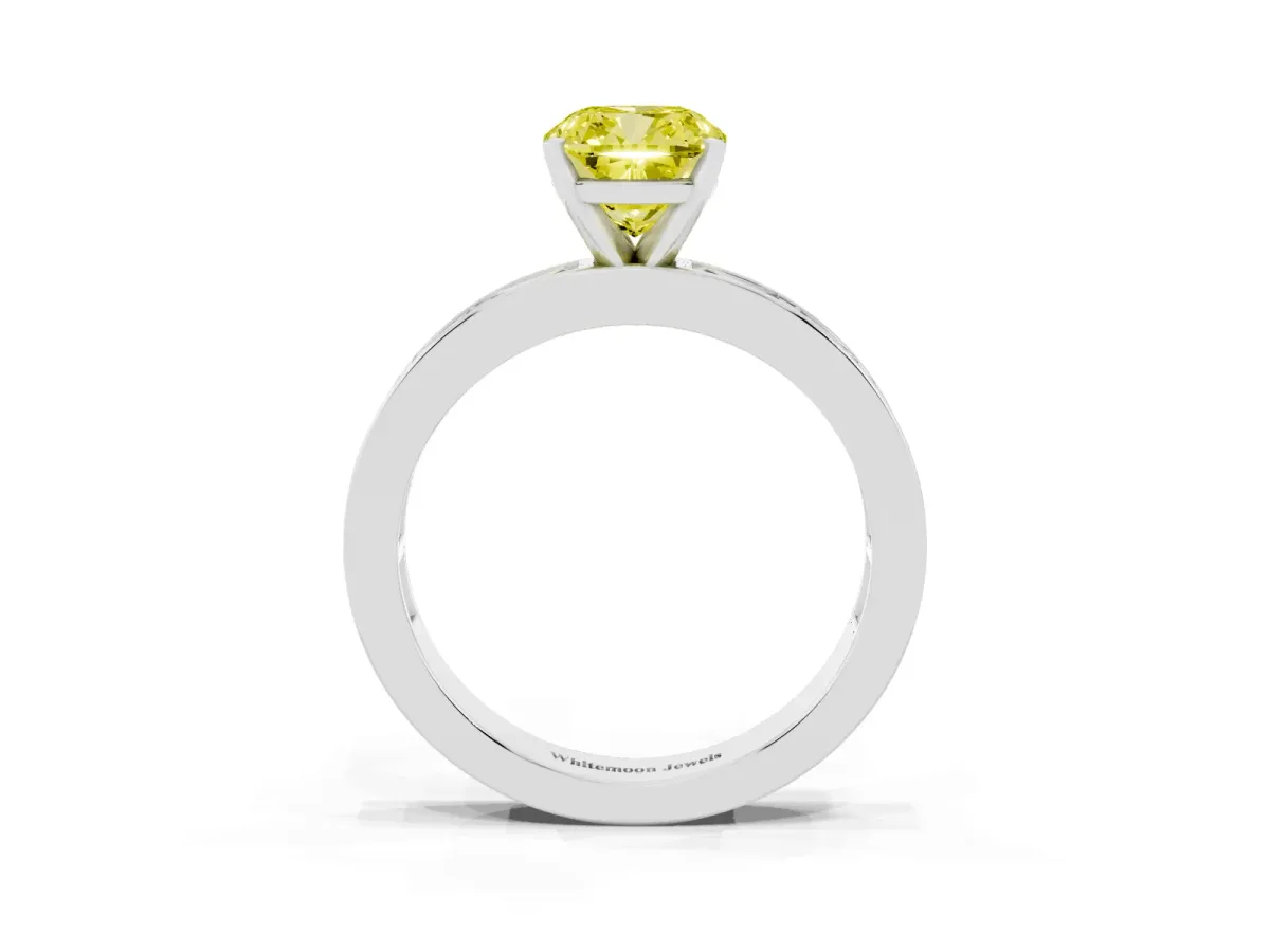 Fancy Yellow Cushion Cut Solitaire Diamond Ring with Channel-Set Baguette Band and Four-Prong Setting Platinum