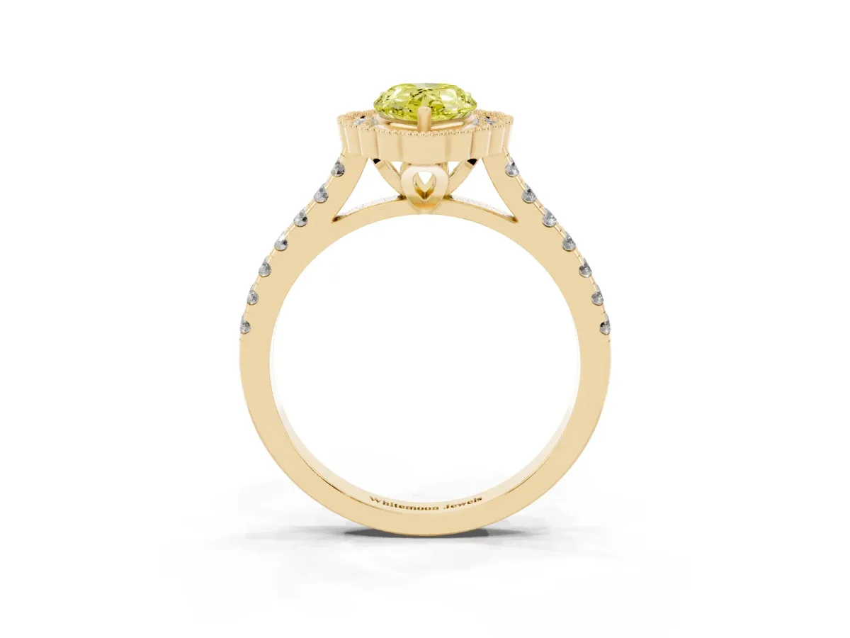 Fancy Yellow Pear Cut Cut Diamond Milgrain Floral Halo Engagement Ring with Pavé Band Yellow gold
