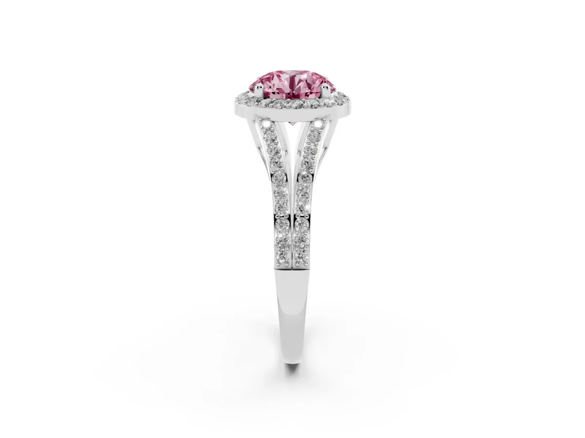 Fancy Pink Round Cut Halo Split Shank Pave Diamond Ring with Four-Prong Setting Silver