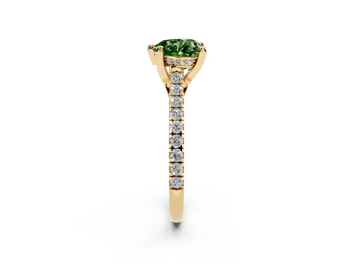 Fancy Green Heart Cut Brilliant Diamond Solitaire with Pavé Band and Four-Prong Setting Yellow gold